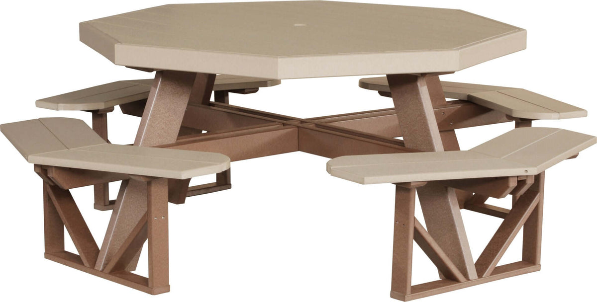 LuxCraft Octagon Picnic Table in Weatherwood and Chestnut Brown — recycled poly outdoor chair for outdoor patio seating