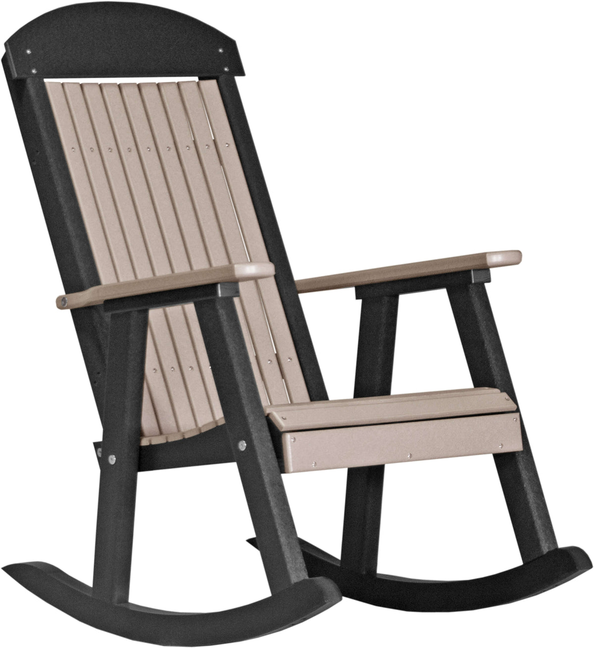 LuxCraft Porch Rocker 3-Piece Set in Weatherwood and Black — traditional rocking chair motion for front-porch use
