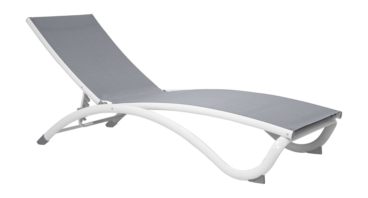 Grey durable sling material chaise lounge chair featuring a white extruded aluminum frame