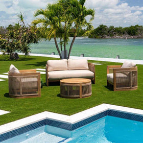 4-piece outdoor loveseat set crafted with durable aluminum frame wrapped in premium Acacia wood