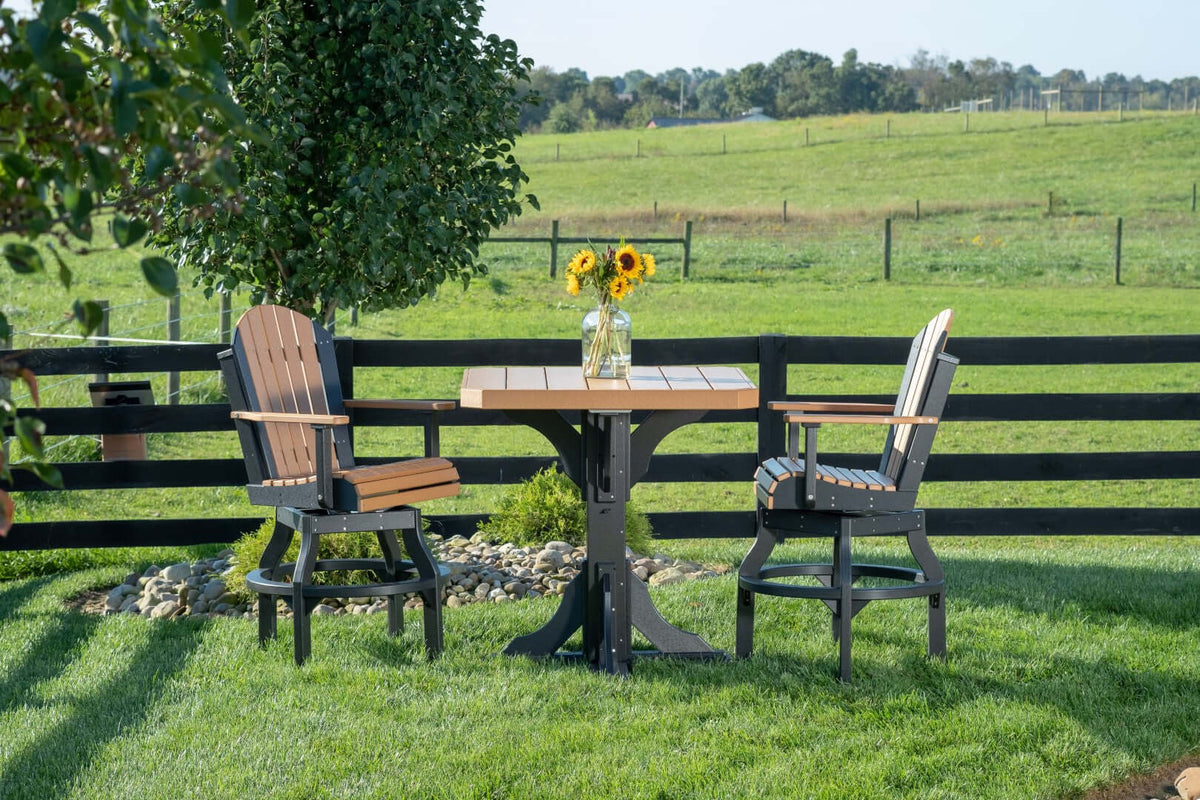 LuxCraft 41" Square Table Outdoor Dining Set with Adirondack Swivel Chairs in Cedar and Black configured for porch seating — fade-resistant poly
