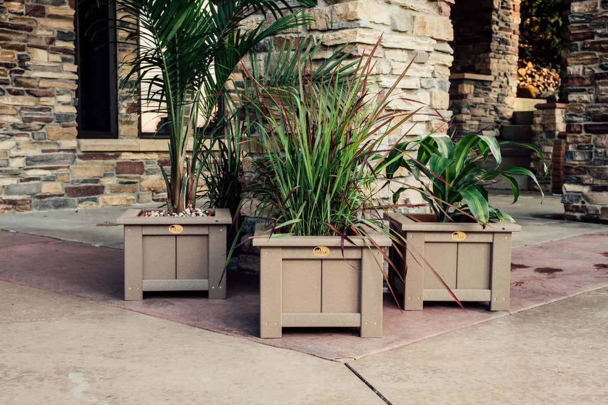 LuxCraft 15" Square Outdoor Planter in Weatherwood paired for patio plant statements — weather-resistant design