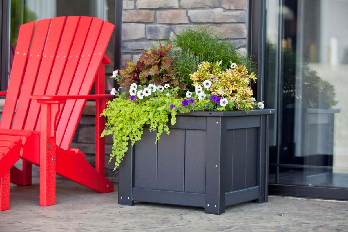 LuxCraft 24" Square Outdoor Planter in Black configured for porch arrangements — fade-resistant poly