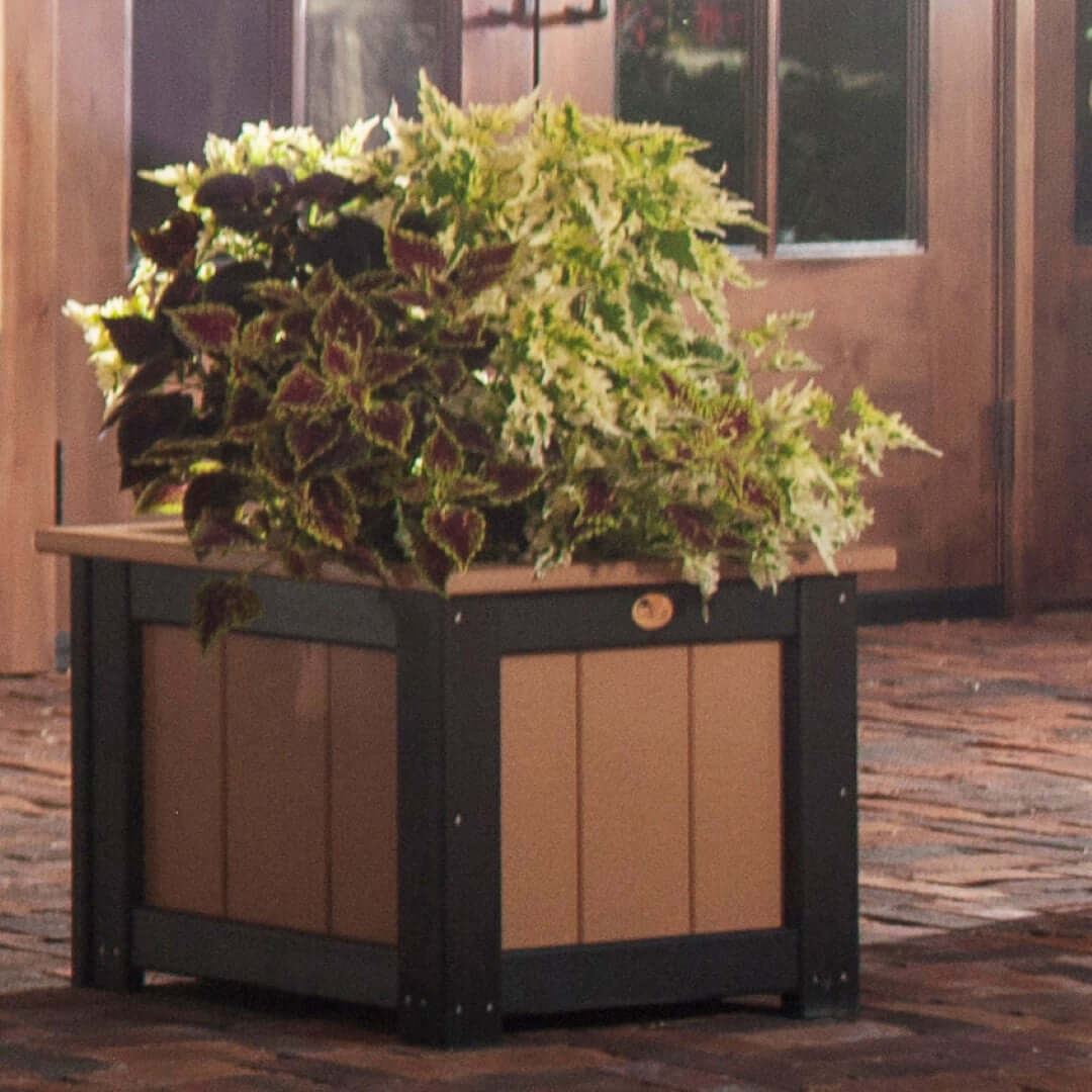 LuxCraft 24" Square Outdoor Planter in Cedar and Black paired for patio plant statements — weather-resistant design