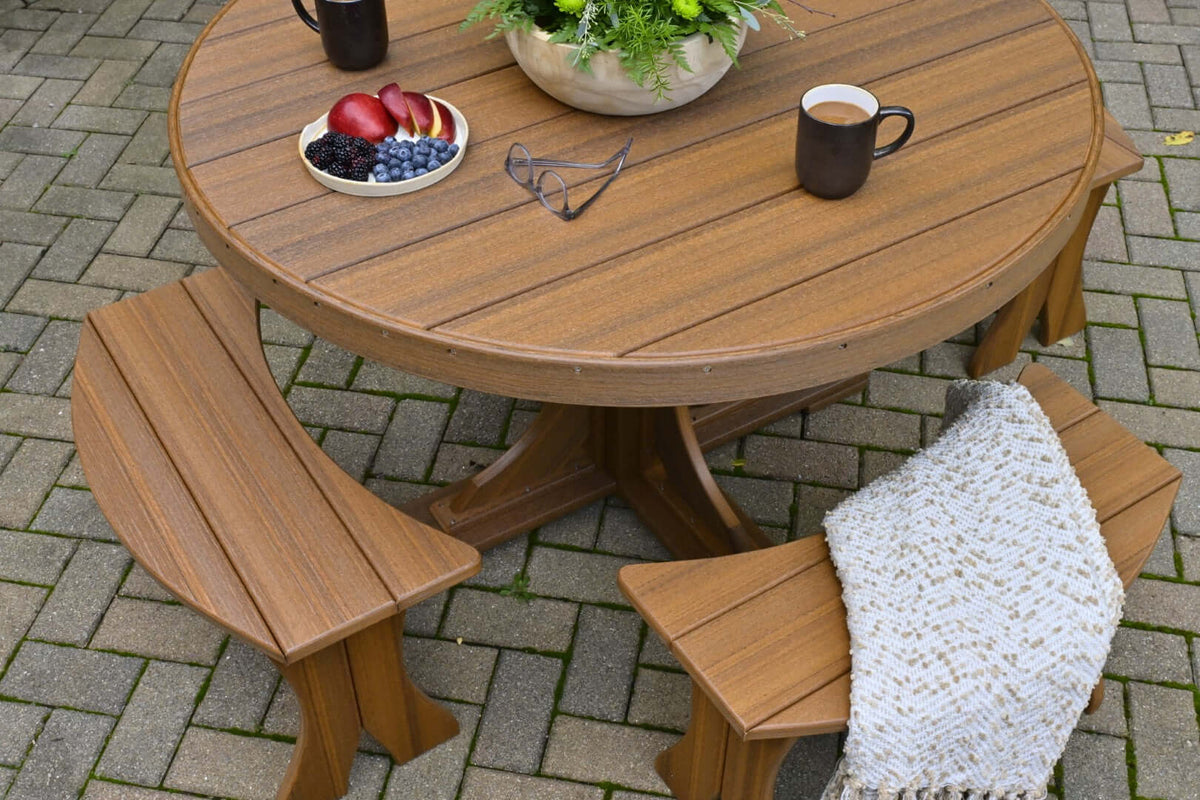 LuxCraft 4' Round Outdoor Dining Table 5-Piece Set | Dining Table Benches in Antique Mahogany paired for conversational outdoor meals — weather-res...