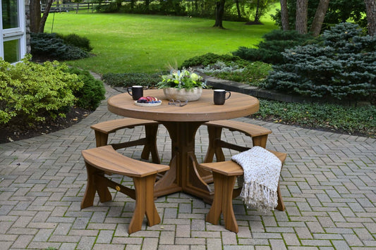 LuxCraft 4' round outdoor dining table set includes 1 round dining table and 4 outdoor dining benches