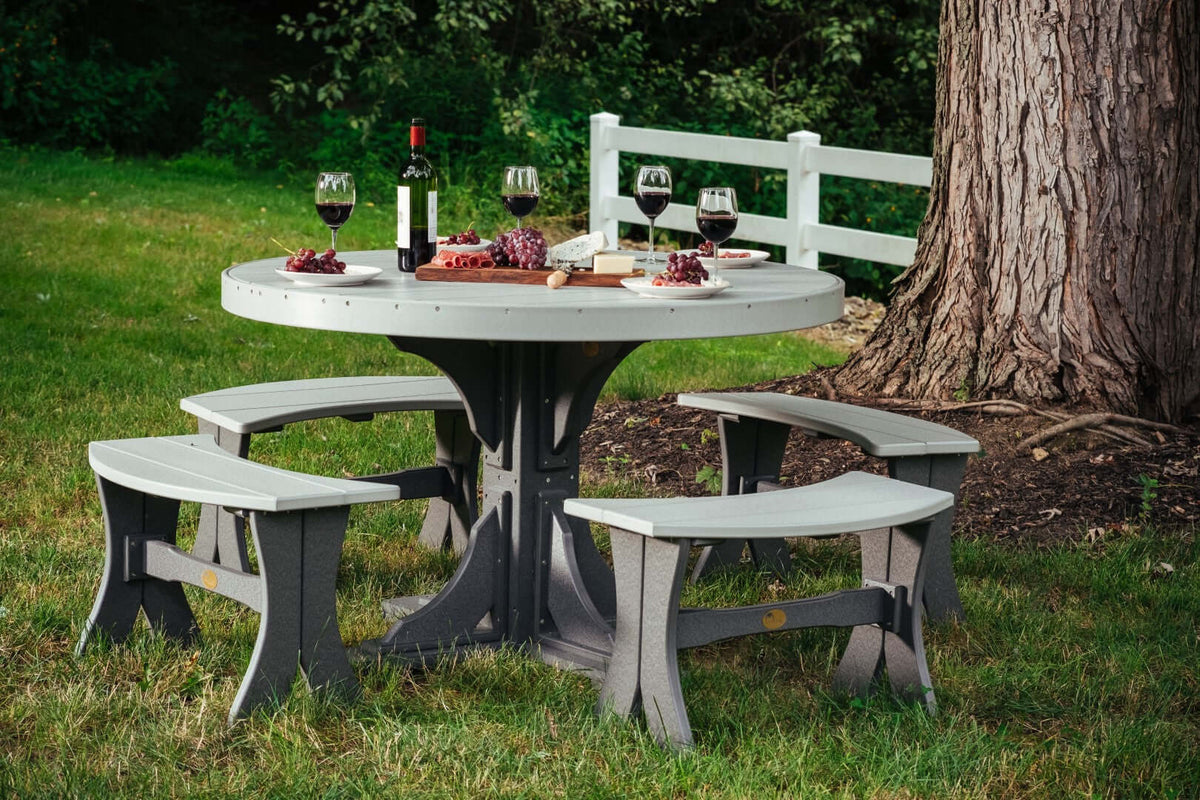 LuxCraft 4' Round Outdoor Dining Table 5-Piece Set | Dining Table Benches in Dove Gray and Slate — circular dining surface, fade-resistant poly