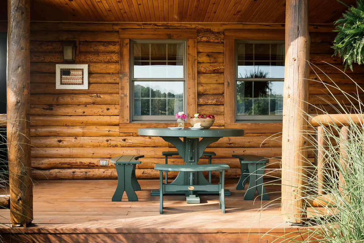 LuxCraft 4' Round Outdoor Dining Table 5-Piece Set | Dining Table Benches in Green — recycled poly round tabletop for round patio dining