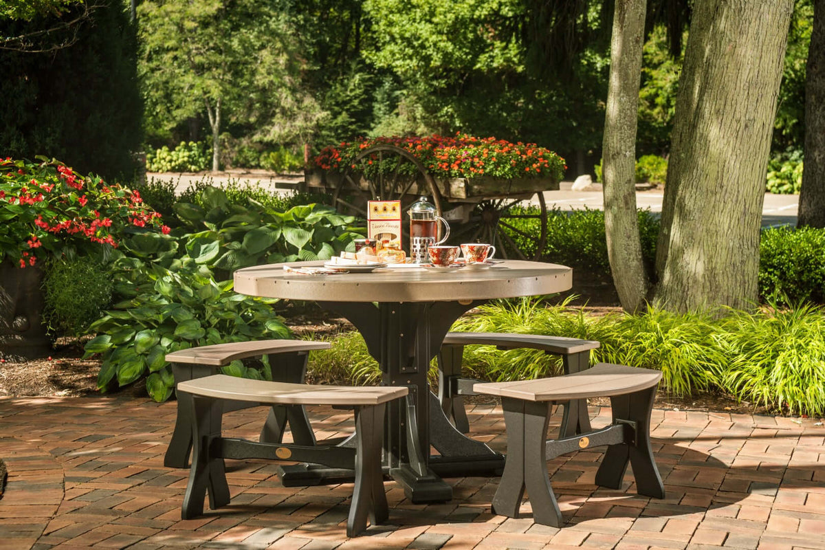 LuxCraft 4' Round Outdoor Dining Table 5-Piece Set | Dining Table Benches in Weatherwood and Black styled for conversational outdoor meals — 20-yea...