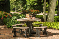 LuxCraft 4' round outdoor dining table set includes 1 round dining table and 4 outdoor dining benches