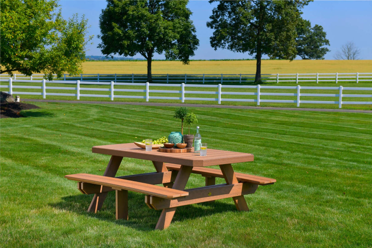 LuxCraft 6' Rectangular Outdoor Picnic Table in Antique Mahogany paired for porch and deck use — weather-resistant design