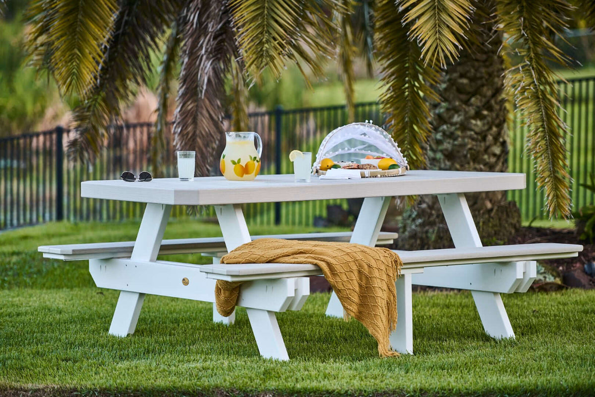 LuxCraft 6' Rectangular Outdoor Picnic Table in Birch and White positioned for outdoor patio seating — all-weather outdoor build