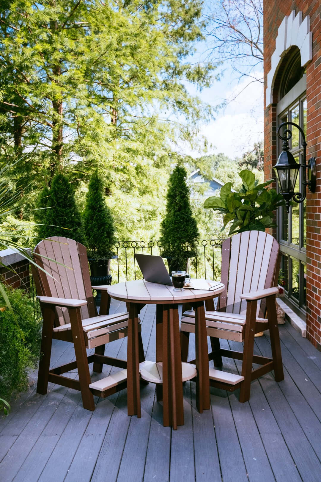 LuxCraft Balcony Table 3-Piece Conversation Set in Weatherwood and Chestnut Brown positioned for backyard relaxation — all-weather outdoor build