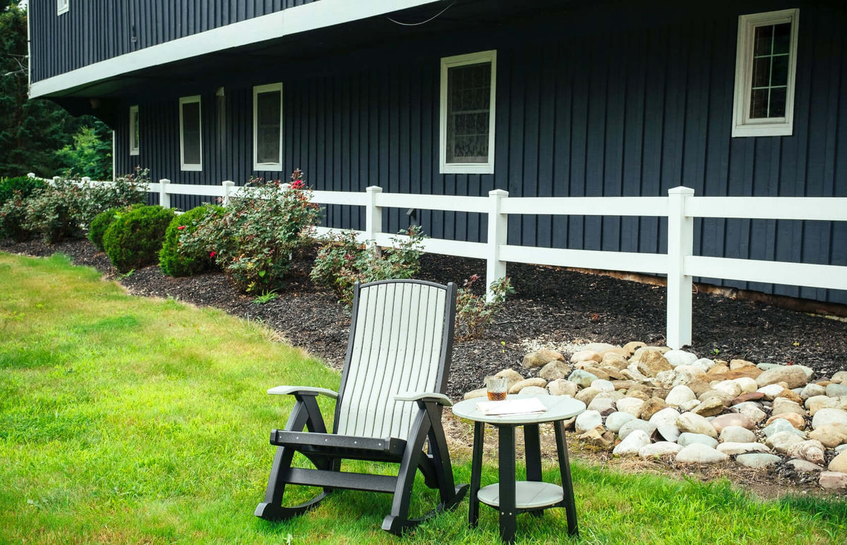 LuxCraft Comfort Rocker | Outdoor Rocking Chair in Dove Gray and Black paired for porch and patio seating — weather-resistant design