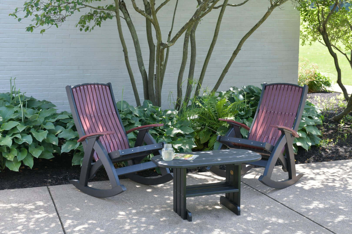 LuxCraft Comfort Rocker | Outdoor Rocking Chair in Cherrywood and Black positioned for front-porch use — all-weather outdoor build