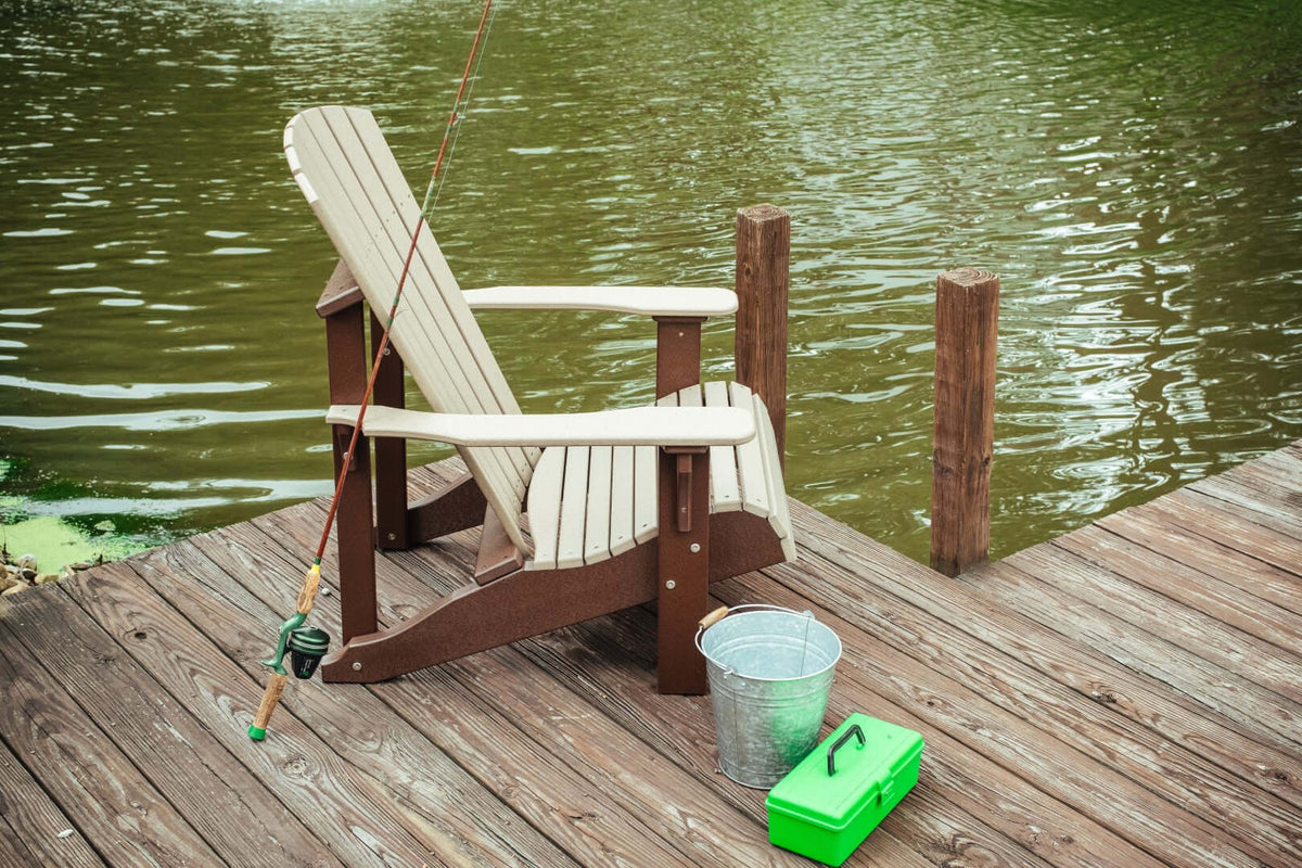 LuxCraft Deluxe Adirondack Chair in Weatherwood and Chestnut Brown paired for patio lounging — weather-resistant design