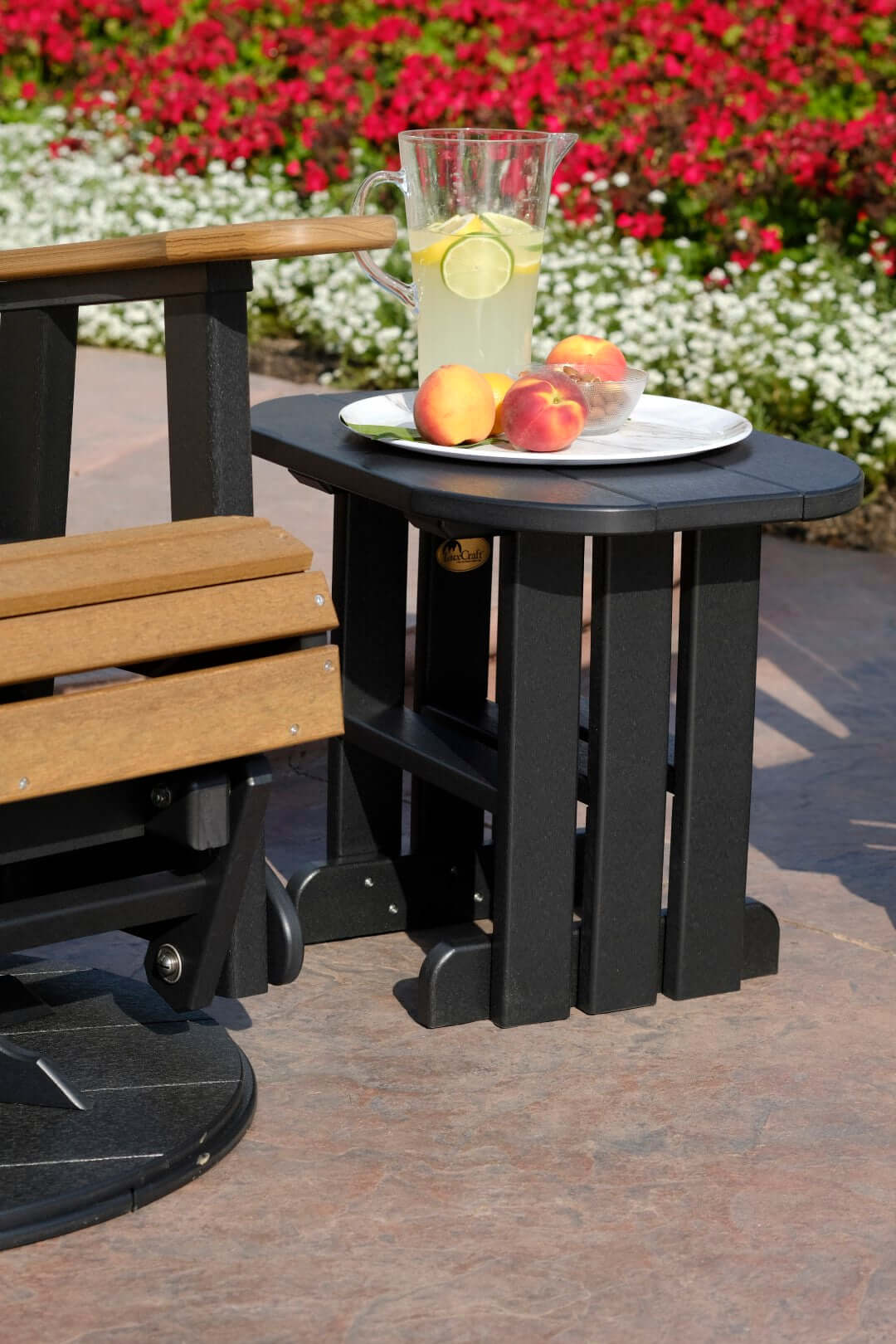 LuxCraft Outdoor End Table in Black configured for outdoor dining or lounging — fade-resistant poly