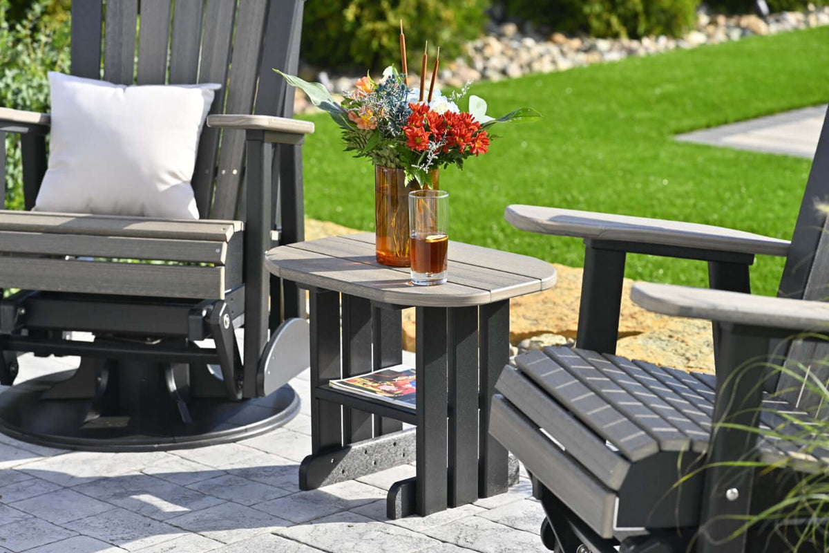 LuxCraft Outdoor End Table in Coastal Gray and Black paired for porch and deck use — weather-resistant design
