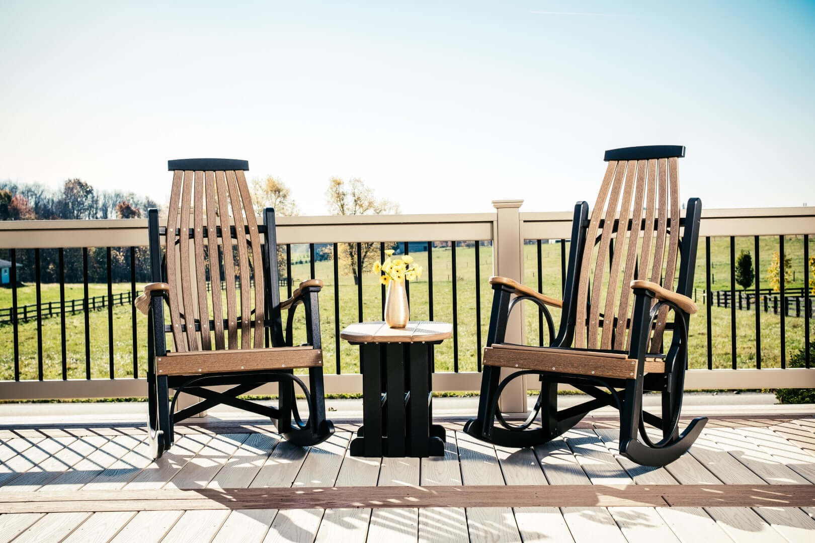 LuxCraft Grandpa's 3-piece Outdoor Rocking Chair set features 2 rocking chairs and 1 outdoor end table