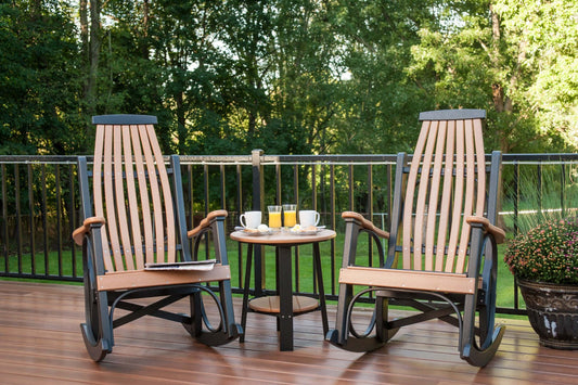 LuxCraft Grandpa's 3-piece Outdoor Rocking Chair set features 2 rocking chairs and 1 outdoor end table