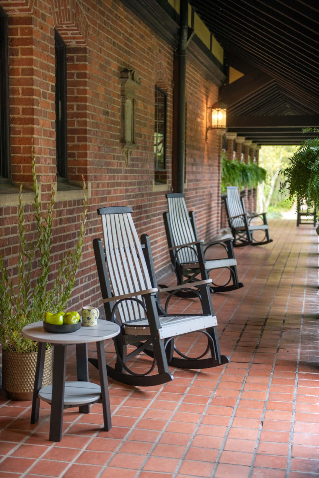 LuxCraft Grandpa's Rocker | Outdoor Rocking Chair in Dove Gray and Black paired for porch and patio seating — weather-resistant design