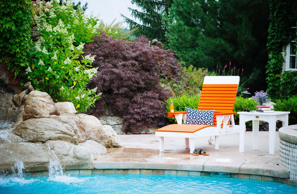 LuxCraft Lounge Chair 3-Piece Set in Tangerine and White staged for pool-deck sunbathing — weather-resistant design