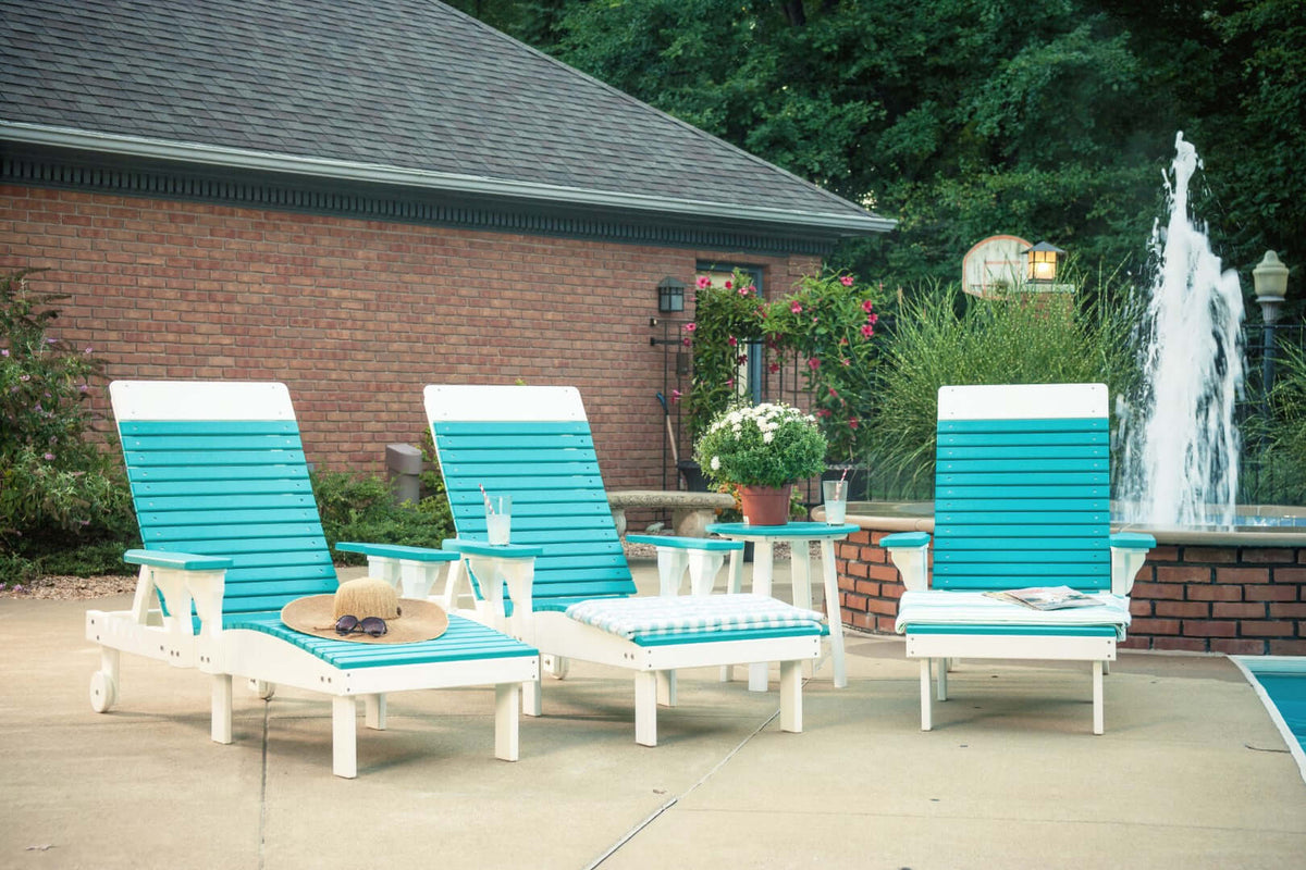 LuxCraft Lounge Chair 3-Piece Set in Aruba Blue and White positioned for poolside lounging — all-weather outdoor build