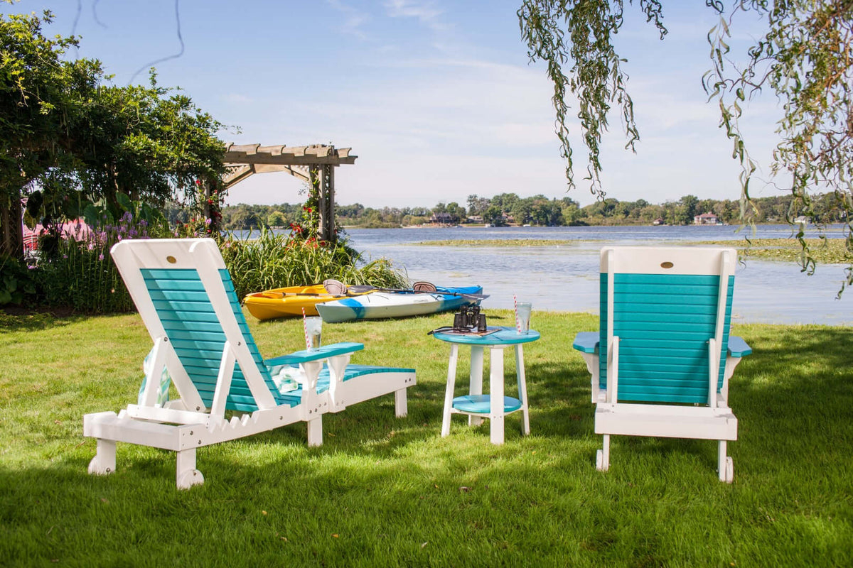 LuxCraft Lounge Chair 3-Piece Set in Aruba Blue and White configured for outdoor relaxation — fade-resistant poly