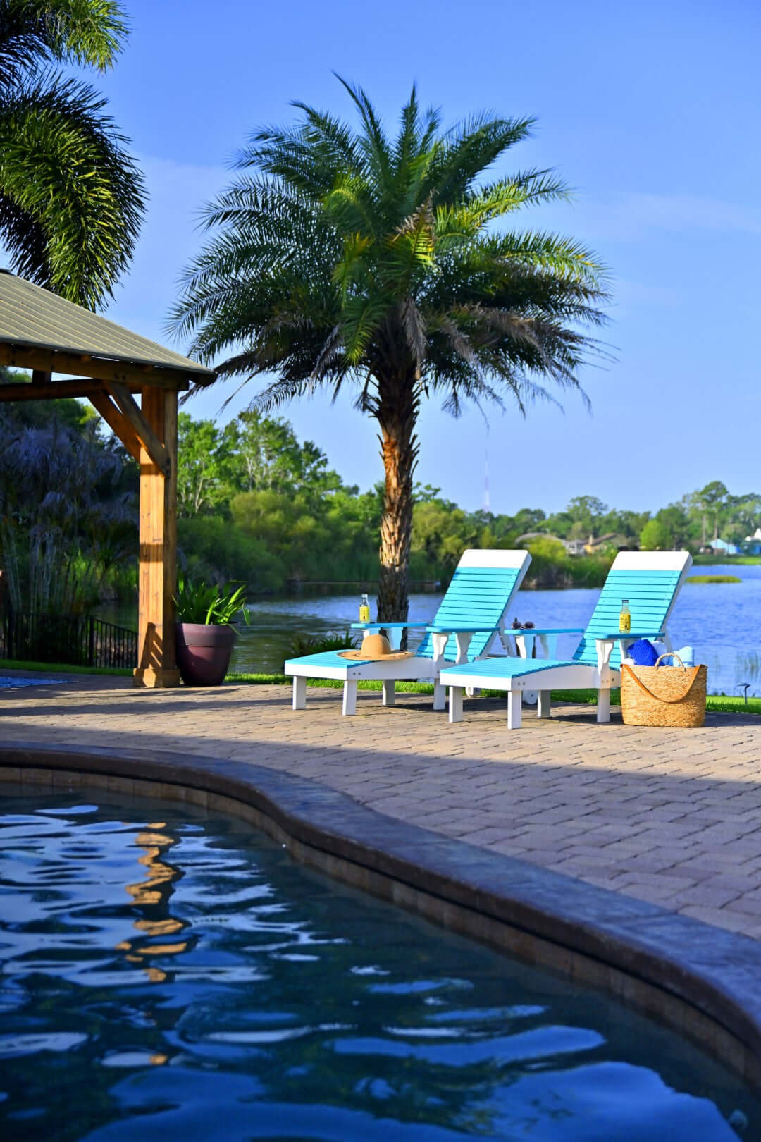LuxCraft Lounge Chair 3-Piece Set in Aruba Blue and White paired for pool-deck sunbathing — weather-resistant design