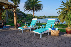 LuxCraft Lounge Chair 3-Piece Set in Aruba Blue and White arranged for poolside lounging — durable poly construction