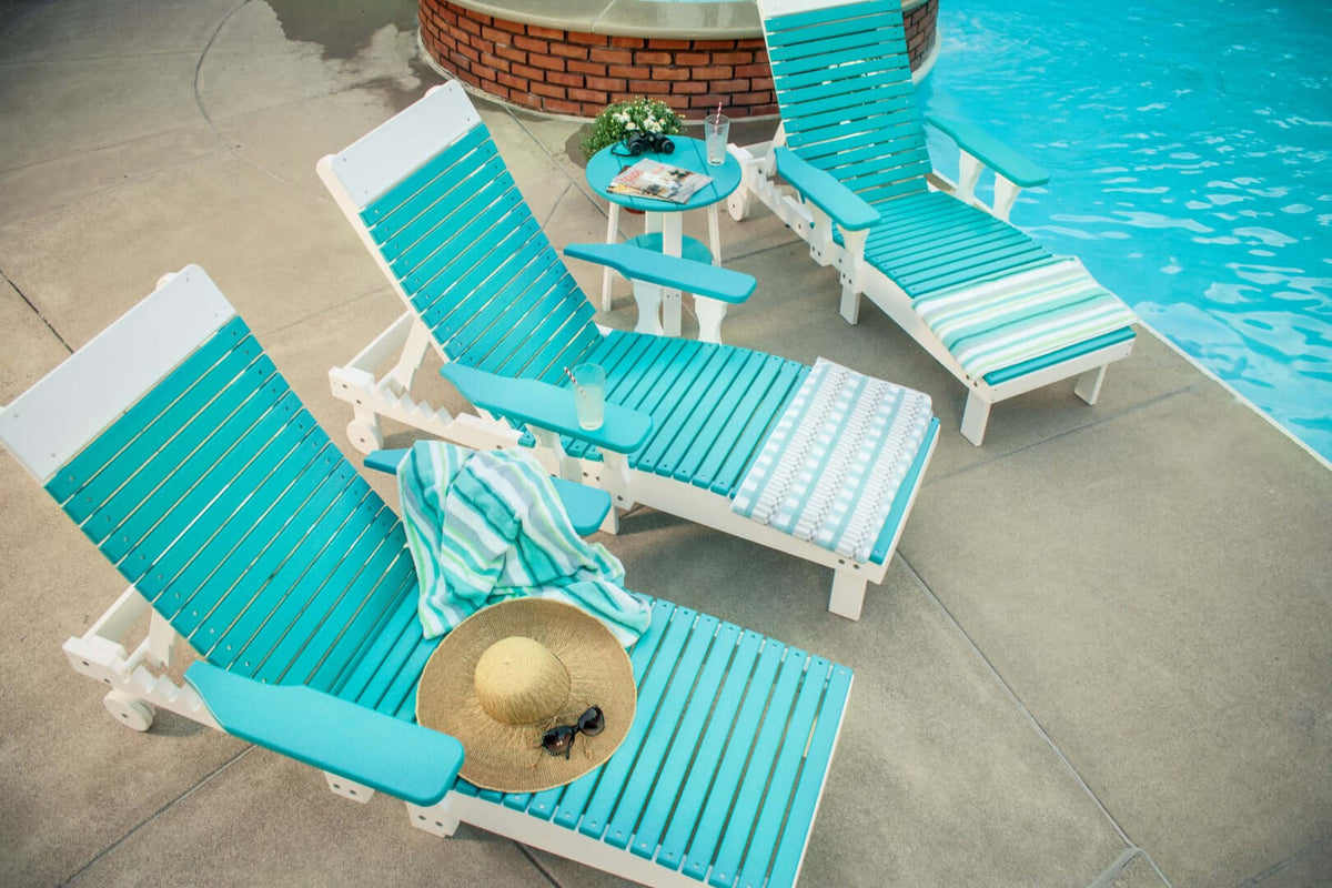 LuxCraft Lounge Chair 3-Piece Set in Aruba Blue and White displayed for poolside lounging — stainless hardware throughout