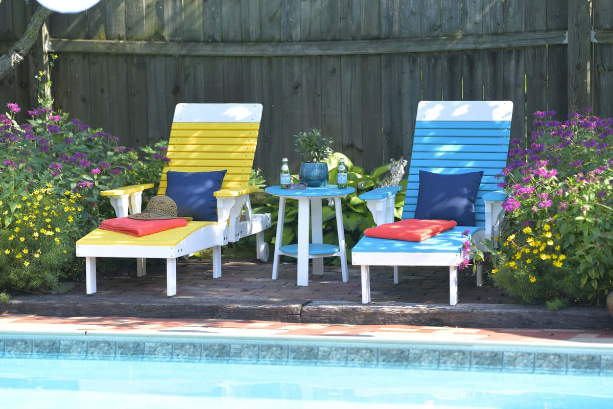 LuxCraft Lounge Chair 3-Piece Set in Aruba Blue and White styled for pool-deck sunbathing — 20-year poly durability