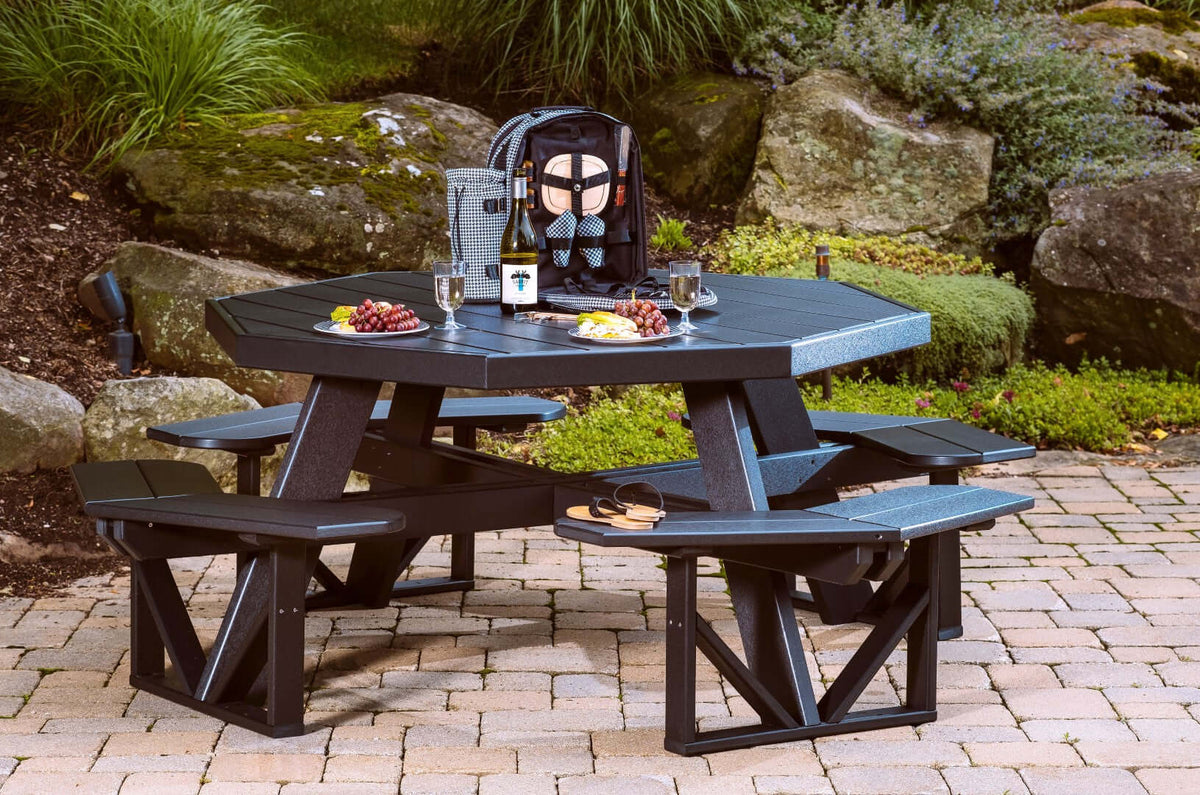 LuxCraft Octagon Picnic Table in Black paired for porch and deck use — weather-resistant design