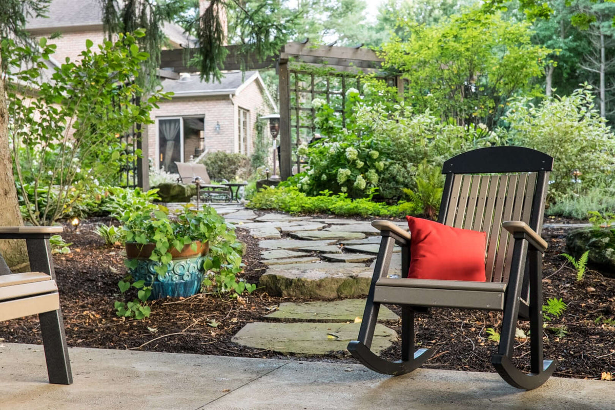 LuxCraft Porch Rocker | Outdoor Rocking Chair in Weatherwood and Black — classic porch-rocker profile, fade-resistant poly