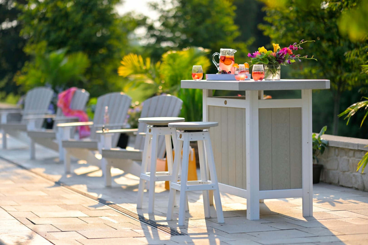 LuxCraft Outdoor Serving Bar 5-Piece Set includes 4 outdoor bar stools