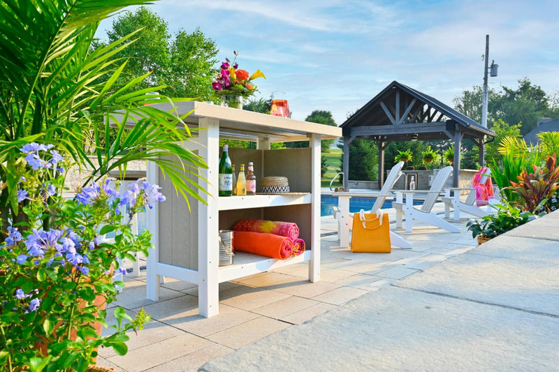 LuxCraft Outdoor Serving Bar 5-Piece Set includes 4 outdoor bar stools