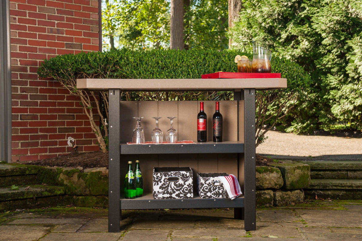 LuxCraft Outdoor Serving Bar 5-Piece Set in Weatherwood and Black displayed for outdoor patio seating — stainless hardware throughout