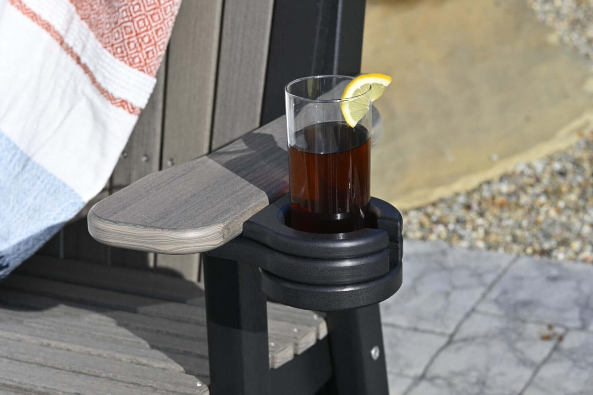 LuxCraft Cup Holder (Stationary) in Black paired for outdoor chair accessory — weather-resistant design