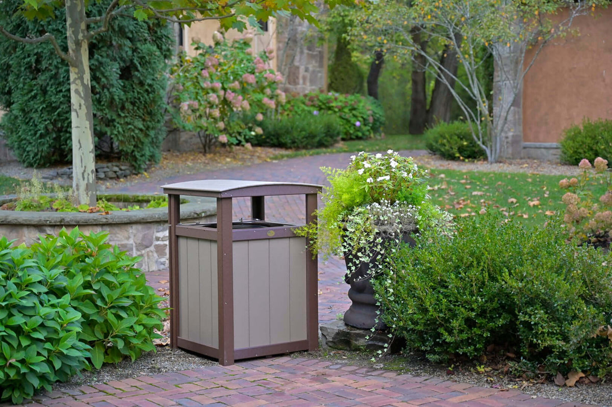 LuxCraft Outdoor Trash Can | Weather-Resistant Trash Can in Weatherwood and Chestnut Brown — decorative outdoor trash cabinet, fade-resistant poly