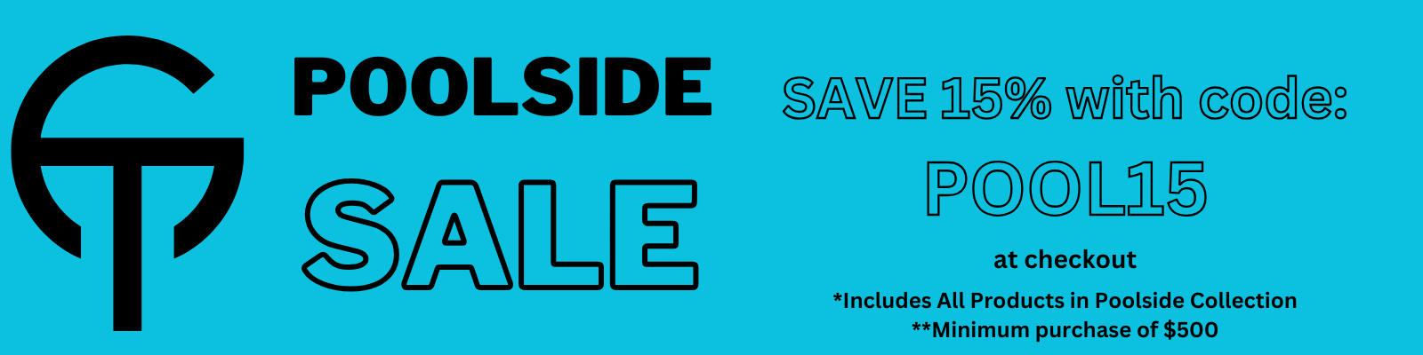Poolside sale banner with discount code on a blue background