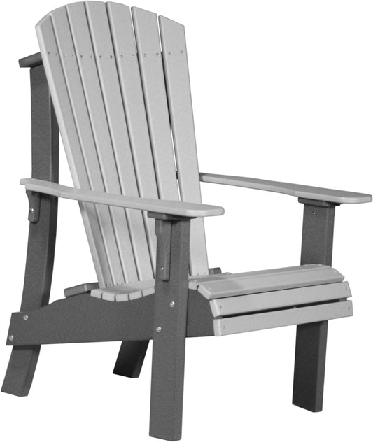 LuxCraft Royal Adirondack Chair in Dove Gray and Slate — wide armrests and reclined back for backyard relaxation