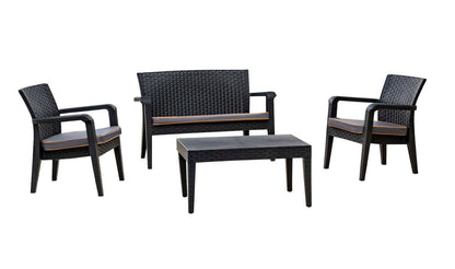 Black 4-piece outdoor seating set with anthracite cushions includes 1 coffee table, 2 stackable armchairs and 1 loveseat