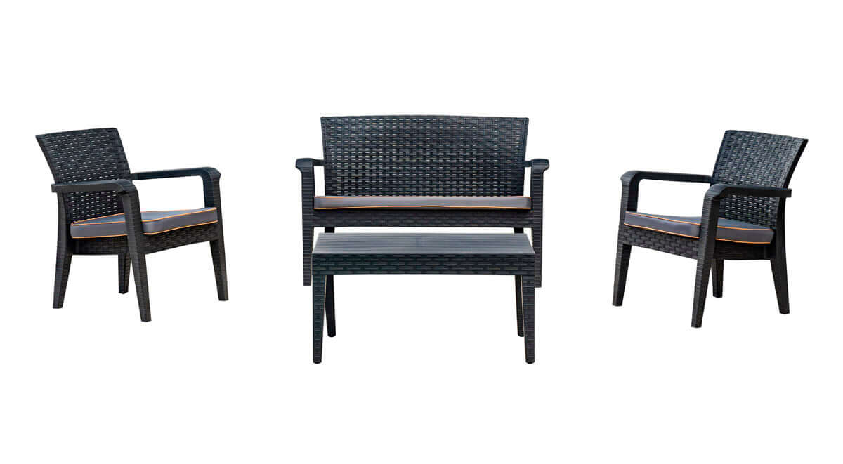 Black 4-piece outdoor seating set with anthracite cushions includes 1 coffee table, 2 stackable armchairs and 1 loveseat