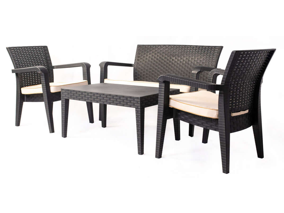 Black 4-piece outdoor seating set with cream cushions includes 1 coffee table, 2 stackable armchairs and 1 loveseat