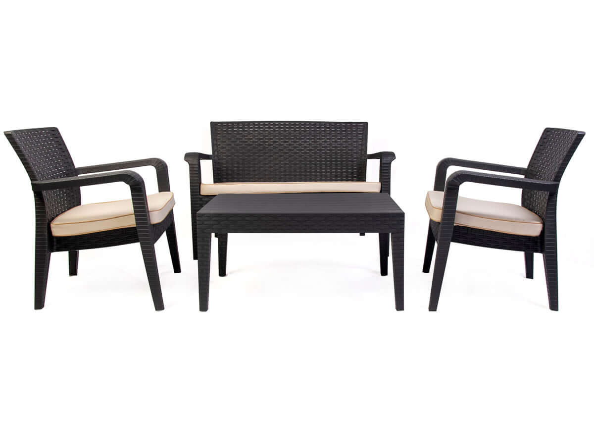 Black 4-piece outdoor seating set with cream cushions includes 1 coffee table, 2 stackable armchairs and 1 loveseat