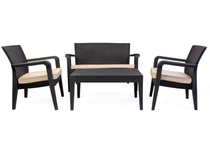 Black 4-piece outdoor seating set with cream cushions includes 1 coffee table, 2 stackable armchairs and 1 loveseat