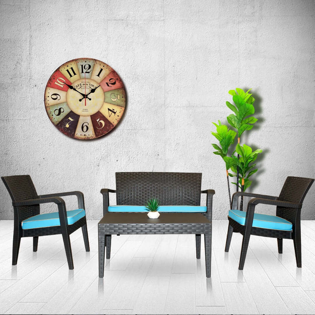 Black 4-piece outdoor seating set with teal cushions includes 1 coffee table, 2 stackable armchairs and 1 loveseat