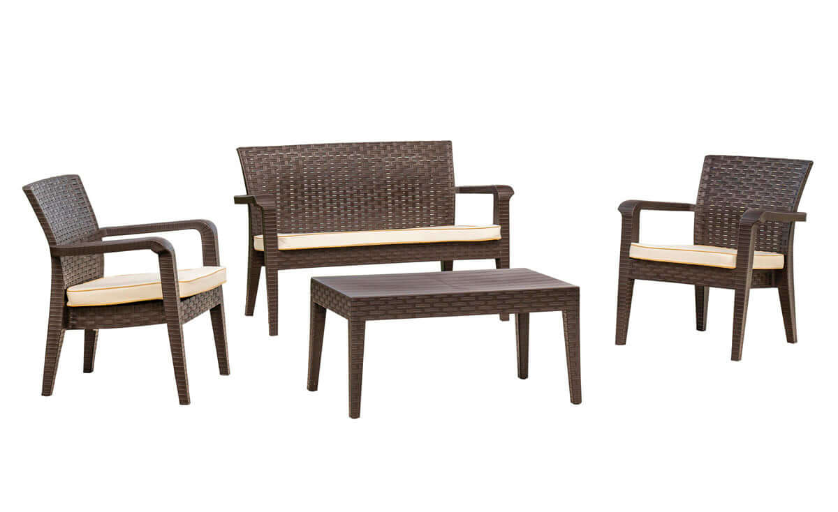 Brown 4-piece outdoor seating set with cream cushions includes 1 coffee table, 2 stackable armchairs and 1 loveseat