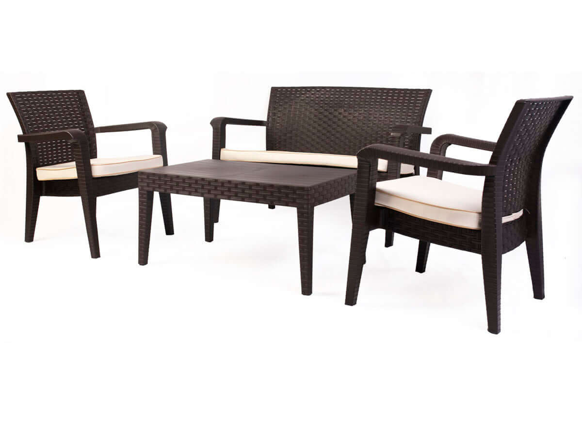 Brown 4-piece outdoor seating set with cream cushions includes 1 coffee table, 2 stackable armchairs and 1 loveseat