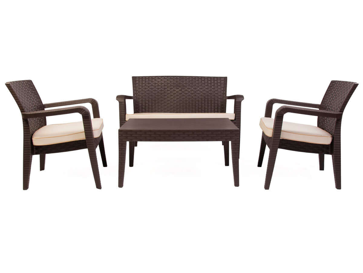 Brown 4-piece outdoor seating set with cream cushions includes 1 coffee table, 2 stackable armchairs and 1 loveseat